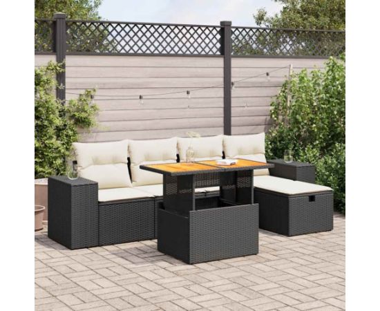 vidaXL 6-cz. zestaw mebli z poduszkami, czarny, polirattan i akacja Dārza mēbeļu komplekti