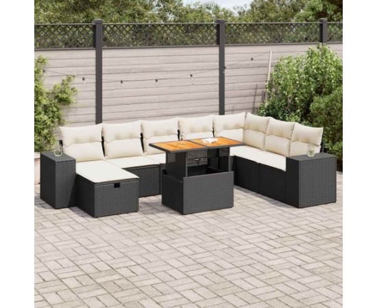 vidaXL 9-cz. zestaw mebli z poduszkami, czarny, polirattan i akacja Dārza mēbeļu komplekti