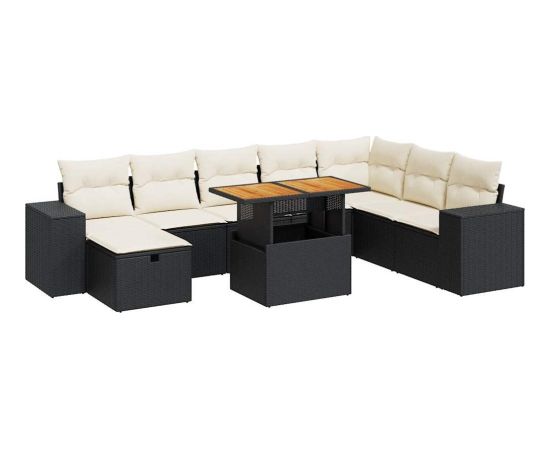 vidaXL 9-cz. zestaw mebli z poduszkami, czarny, polirattan i akacja Dārza mēbeļu komplekti