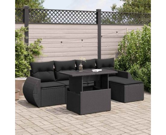 vidaXL 6-cz. zestaw mebli ogrodowych z poduszkami, czarny polirattan Dārza mēbeļu komplekti