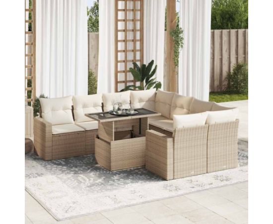 vidaXL 9-cz. zestaw mebli ogrodowych z poduszkami, beżowy, polirattan Dārza mēbeļu komplekti