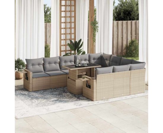 vidaXL 11-cz. zestaw mebli ogrodowych z poduszkami, beżowy, polirattan Dārza mēbeļu komplekti