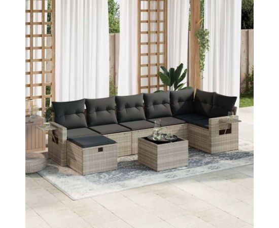 vidaXL 8-cz. zestaw mebli ogrodowych, poduszki, jasnoszary polirattan Dārza mēbeļu komplekti