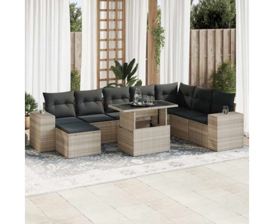 vidaXL vidaXL 9-cz. zestaw mebli ogrodowych, poduszki, jasnoszary polirattan Dārza mēbeļu komplekti