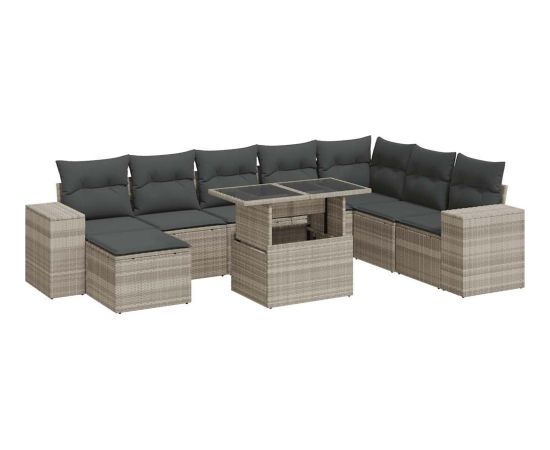 vidaXL vidaXL 9-cz. zestaw mebli ogrodowych, poduszki, jasnoszary polirattan Dārza mēbeļu komplekti