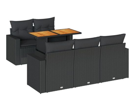 vidaXL 6-cz. zestaw mebli ogrodowych z poduszkami, czarny polirattan Dārza mēbeļu komplekti