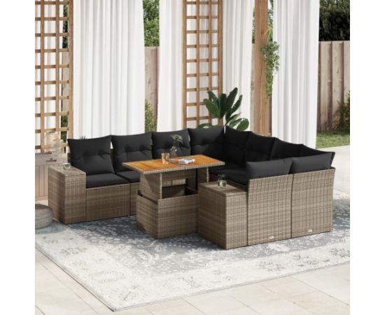 vidaXL 9-cz. zestaw mebli ogrodowych z poduszkami, szary, polirattan Dārza mēbeļu komplekti