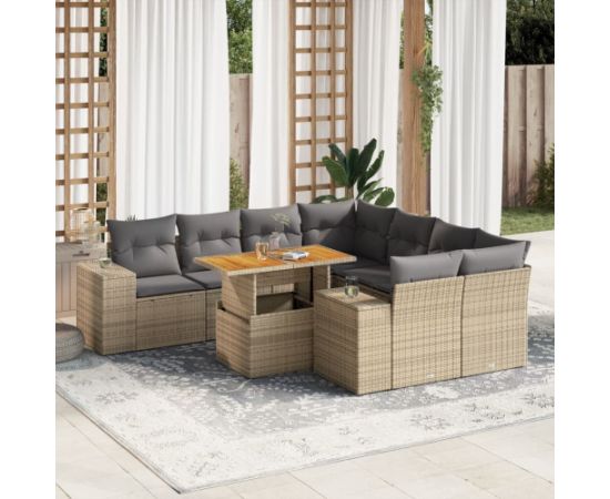 vidaXL 9-cz. zestaw mebli ogrodowych z poduszkami, beżowy, polirattan Dārza mēbeļu komplekti