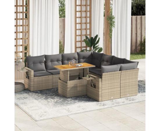 vidaXL 9-cz. zestaw mebli ogrodowych z poduszkami, beżowy, polirattan Dārza mēbeļu komplekti