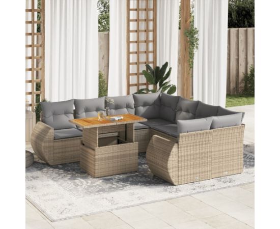 vidaXL 9-cz. zestaw mebli ogrodowych z poduszkami, beżowy, polirattan Dārza mēbeļu komplekti