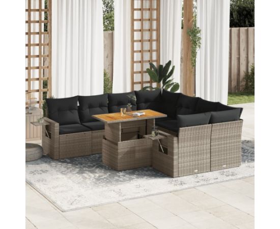 vidaXL 9-cz. zestaw mebli ogrodowych z poduszkami, szary, polirattan Dārza mēbeļu komplekti