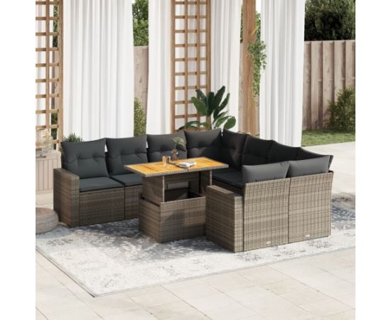 vidaXL 9-cz. zestaw mebli ogrodowych z poduszkami, szary, polirattan Dārza mēbeļu komplekti