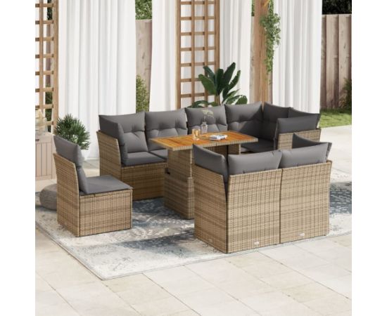 vidaXL 9-cz. zestaw mebli ogrodowych z poduszkami, beżowy, polirattan Dārza mēbeļu komplekti