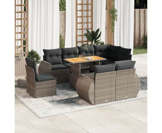 vidaXL 9-cz. zestaw mebli ogrodowych z poduszkami, szary, polirattan Dārza mēbeļu komplekti