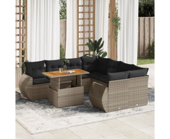 vidaXL 9-cz. zestaw mebli ogrodowych z poduszkami, szary, polirattan Dārza mēbeļu komplekti