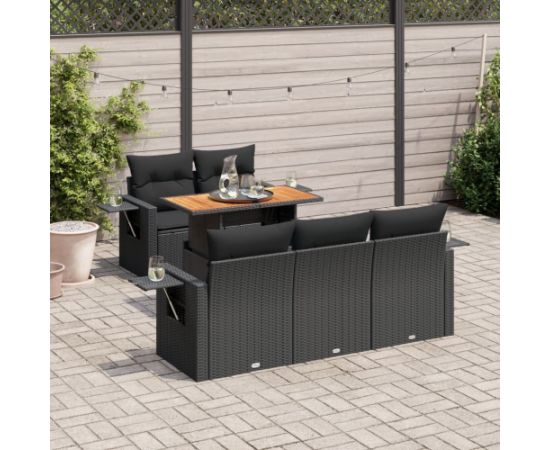 vidaXL 6-cz. zestaw mebli ogrodowych z poduszkami, czarny polirattan Dārza mēbeļu komplekti