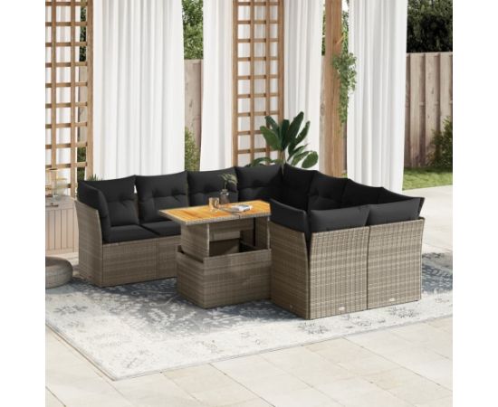 vidaXL 9-cz. zestaw mebli ogrodowych z poduszkami, szary, polirattan Dārza mēbeļu komplekti