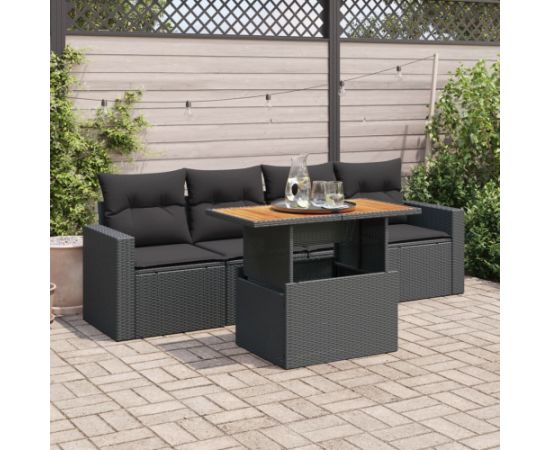 vidaXL 5-cz. zestaw wypoczynkowy do ogrodu, poduszki, czarny rattan PE Dārza mēbeļu komplekti