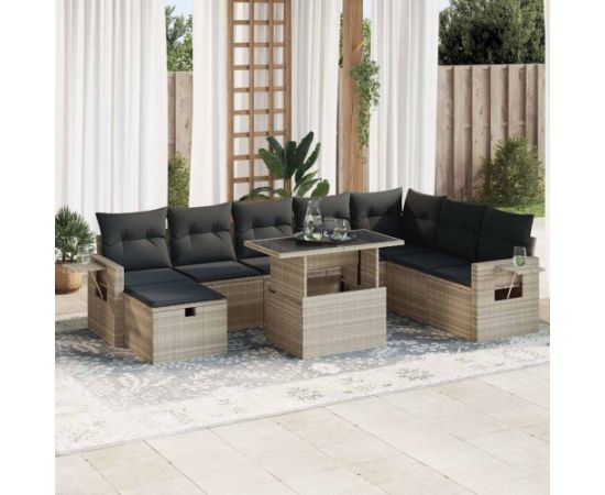 vidaXL vidaXL 9-cz. zestaw mebli ogrodowych, poduszki, jasnoszary polirattan Dārza mēbeļu komplekti