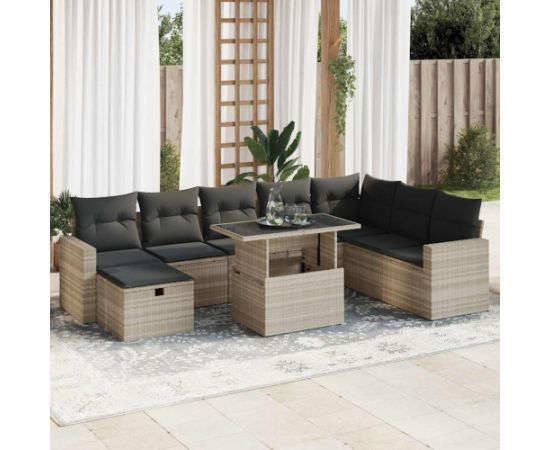 vidaXL vidaXL 9-cz. zestaw mebli ogrodowych, poduszki, jasnoszary polirattan Dārza mēbeļu komplekti