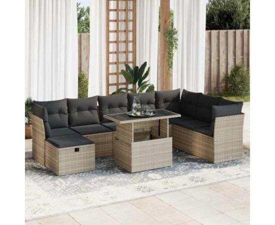 vidaXL vidaXL 9-cz. zestaw mebli ogrodowych, poduszki, jasnoszary polirattan Dārza mēbeļu komplekti