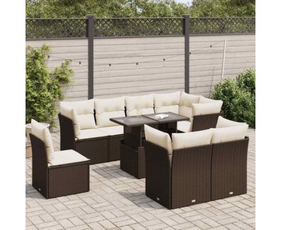 vidaXL 9-cz. zestaw mebli ogrodowych z poduszkami, brązowy, polirattan Dārza mēbeļu komplekti