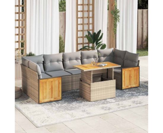 vidaXL vidaXL 8-cz. zestaw mebli z poduszkami, beżowy, polirattan i akacja Dārza mēbeļu komplekti