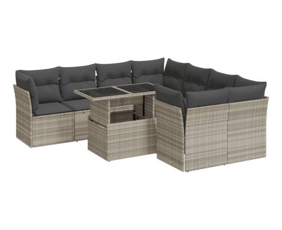 vidaXL 9-cz. zestaw mebli ogrodowych, poduszki, jasnoszary polirattan Dārza mēbeļu komplekti