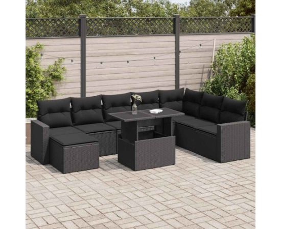 vidaXL 9-cz. zestaw wypoczynkowy do ogrodu, z poduszkami, czarny Dārza mēbeļu komplekti