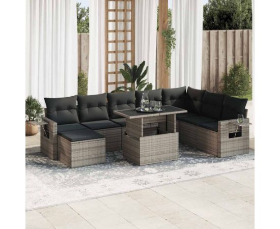 vidaXL 9-cz. zestaw mebli ogrodowych z poduszkami, szary, polirattan Dārza mēbeļu komplekti