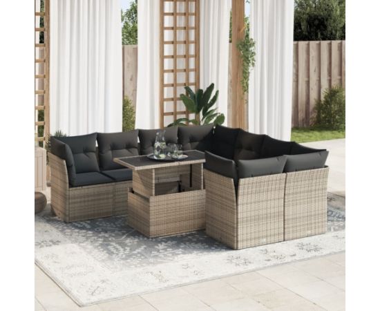 vidaXL 9-cz. zestaw mebli ogrodowych z poduszkami, szary, polirattan Dārza mēbeļu komplekti