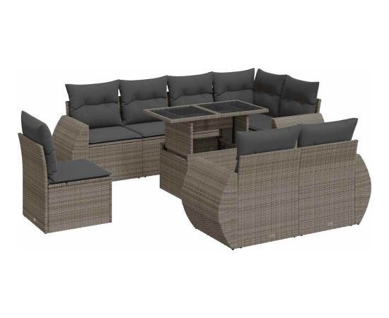 vidaXL 9-cz. zestaw mebli ogrodowych z poduszkami, szary, polirattan Dārza mēbeļu komplekti