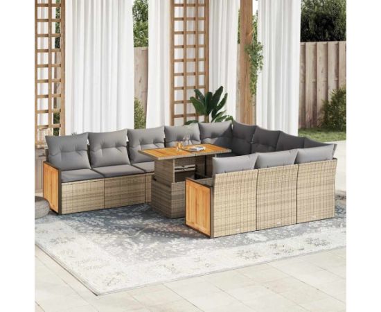 vidaXL 11-cz. zestaw mebli z poduszkami, beżowy, polirattan i akacja Dārza mēbeļu komplekti