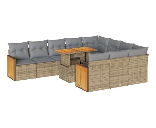 vidaXL 11-cz. zestaw mebli z poduszkami, beżowy, polirattan i akacja Dārza mēbeļu komplekti