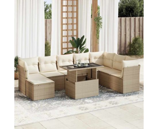 vidaXL 9-cz. zestaw mebli ogrodowych z poduszkami, beżowy, polirattan Dārza mēbeļu komplekti