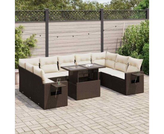 vidaXL 10-cz. zestaw mebli ogrodowych z poduszkami, brązowy polirattan Dārza mēbeļu komplekti