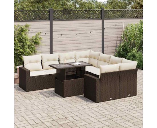 vidaXL 9-cz. zestaw mebli ogrodowych z poduszkami, brązowy, polirattan Dārza mēbeļu komplekti