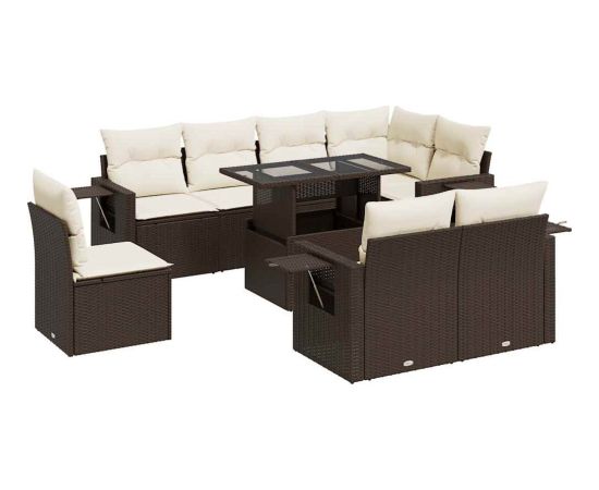 vidaXL 9-cz. zestaw mebli ogrodowych z poduszkami, brązowy, polirattan Dārza mēbeļu komplekti