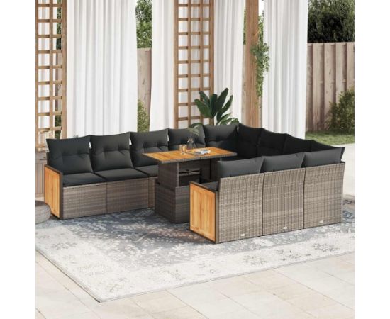 vidaXL 11-cz. zestaw mebli z poduszkami, szary, polirattan i akacja Dārza mēbeļu komplekti