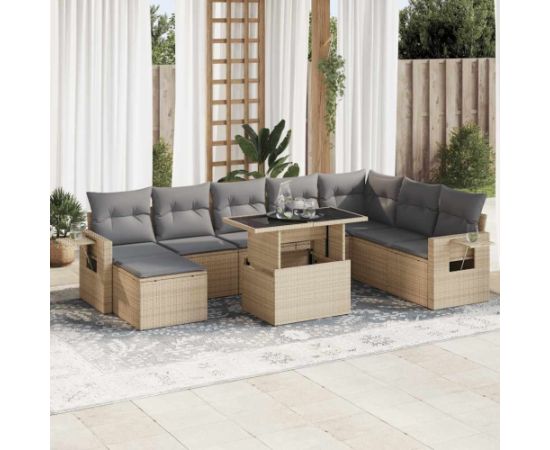 vidaXL 9-cz. zestaw mebli ogrodowych z poduszkami, beżowy, polirattan Dārza mēbeļu komplekti