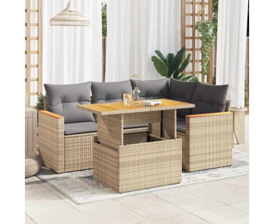 vidaXL 5-cz. zestaw mebli z poduszkami, beżowy, rattan PE i akacja Dārza mēbeļu komplekti