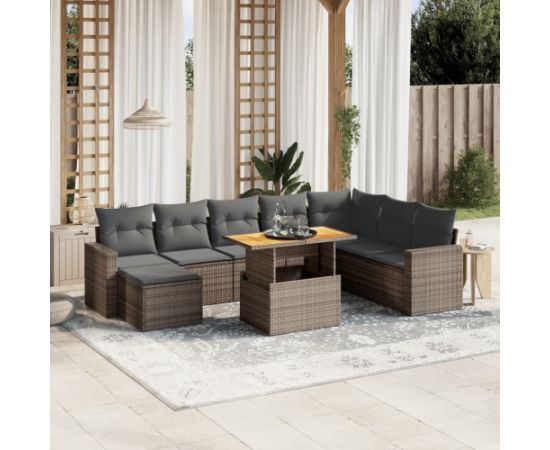 vidaXL 9-cz. zestaw mebli ogrodowych z poduszkami, szary, polirattan Dārza mēbeļu komplekti