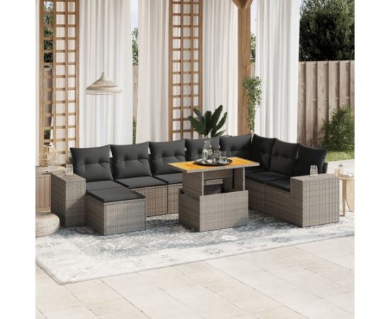 vidaXL 9-cz. zestaw mebli ogrodowych z poduszkami, szary, polirattan Dārza mēbeļu komplekti