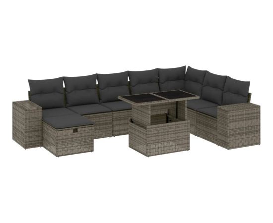 vidaXL 9-cz. zestaw mebli ogrodowych z poduszkami, szary, polirattan Dārza mēbeļu komplekti