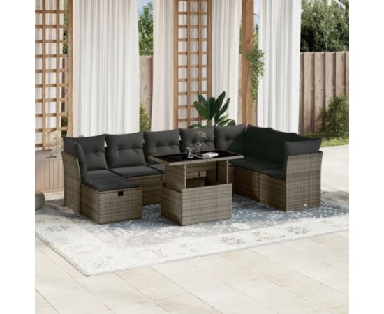 vidaXL 9-cz. zestaw mebli ogrodowych z poduszkami, szary, polirattan Dārza mēbeļu komplekti