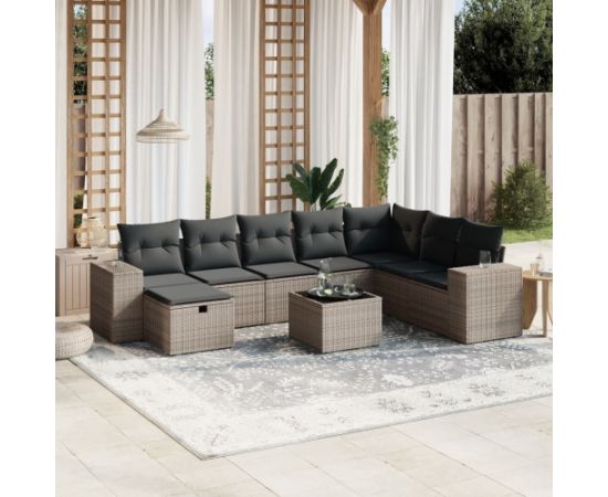 vidaXL 9-cz. zestaw mebli ogrodowych z poduszkami, szary, polirattan Dārza mēbeļu komplekti