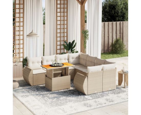 vidaXL 9-cz. zestaw mebli ogrodowych z poduszkami, beżowy, polirattan Dārza mēbeļu komplekti