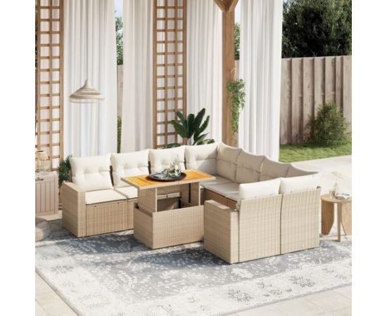 vidaXL 9-cz. zestaw mebli ogrodowych z poduszkami, beżowy, polirattan Dārza mēbeļu komplekti