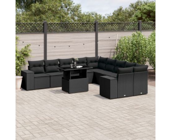 vidaXL vidaXL 11-cz. zestaw wypoczynkowy do ogrodu, poduszki czarny rattan PE Dārza mēbeļu komplekti