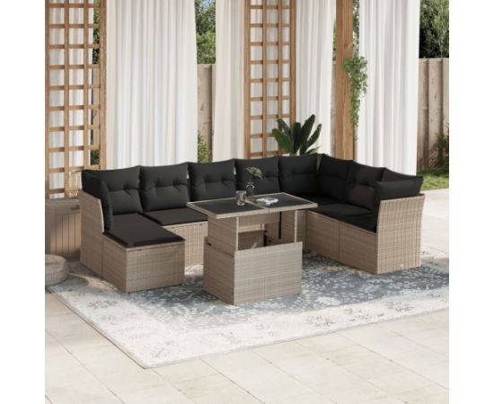 vidaXL vidaXL 9-cz. zestaw mebli ogrodowych, poduszki, jasnoszary polirattan Dārza mēbeļu komplekti